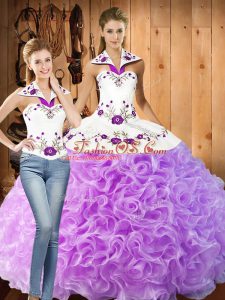Deluxe Halter Top Sleeveless Quinceanera Dress Floor Length Embroidery Lilac Fabric With Rolling Flowers