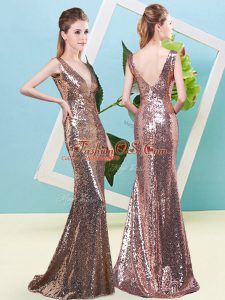 Decent Gold Sleeveless Floor Length Sequins Zipper Evening Dress