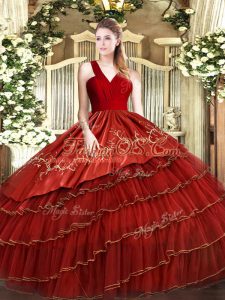 Clearance Wine Red V-neck Neckline Embroidery and Ruffled Layers Sweet 16 Dress Sleeveless Zipper