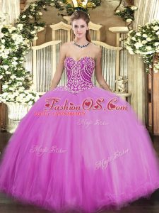 Inexpensive Floor Length Lilac Sweet 16 Dress Tulle Sleeveless Beading