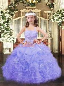 Lavender Straps Lace Up Beading and Ruffles and Pick Ups Girls Pageant Dresses Sleeveless