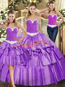Eggplant Purple Ball Gowns Organza Sweetheart Sleeveless Appliques and Ruffled Layers Floor Length Lace Up Sweet 16 Dress