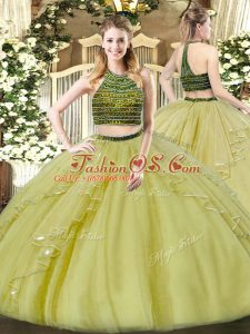Olive Green Sweet 16 Dress Military Ball and Sweet 16 and Quinceanera with Beading and Ruffles Halter Top Sleeveless Zipper