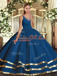 V-neck Sleeveless 15th Birthday Dress Floor Length Ruffled Layers Blue Organza