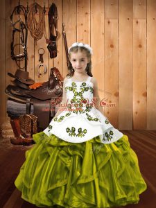 Trendy Olive Green Organza Lace Up Straps Sleeveless Floor Length Pageant Gowns Embroidery and Ruffles