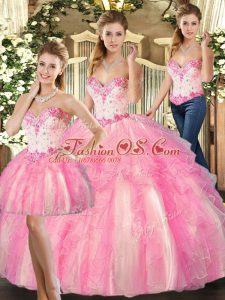 Sophisticated Rose Pink Sweetheart Lace Up Beading and Ruffles 15th Birthday Dress Sleeveless