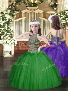 High Quality Dark Green Ball Gowns Halter Top Sleeveless Tulle Floor Length Lace Up Beading and Ruffles Pageant Gowns For Girls