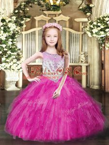 High Class Fuchsia Zipper Little Girls Pageant Gowns Beading and Ruffles Sleeveless Floor Length