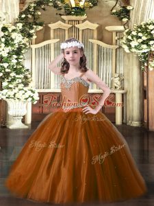 Superior Brown Ball Gowns Tulle Straps Sleeveless Beading Floor Length Lace Up Winning Pageant Gowns