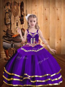 Embroidery and Ruffled Layers Little Girl Pageant Gowns Purple Lace Up Sleeveless Floor Length