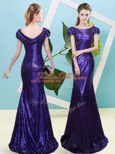 Custom Fit Cap Sleeves Floor Length Sequins Zipper Prom Dresses with Purple