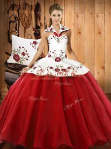 Dramatic Sleeveless Satin and Tulle Floor Length Lace Up Quinceanera Dresses in Wine Red with Embroidery