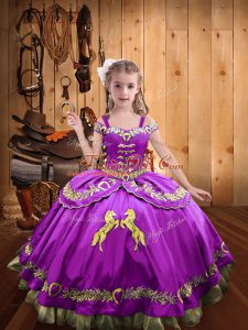 Latest Satin Sleeveless Floor Length Little Girl Pageant Gowns and Beading and Embroidery
