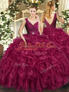Burgundy Ball Gowns Beading and Ruffles 15 Quinceanera Dress Backless Organza Sleeveless Floor Length