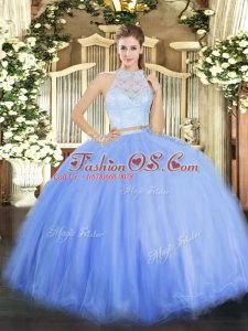 Blue Tulle Zipper Scoop Sleeveless Floor Length Ball Gown Prom Dress Lace