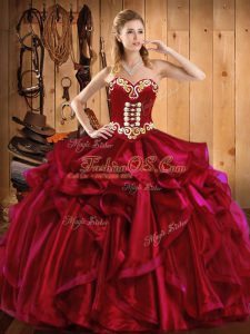 Modest Wine Red Ball Gowns Organza Sweetheart Sleeveless Embroidery and Ruffles Floor Length Lace Up Quinceanera Dress