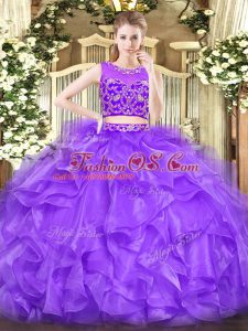 Captivating Lavender Zipper Scoop Beading and Ruffles Quince Ball Gowns Tulle Sleeveless