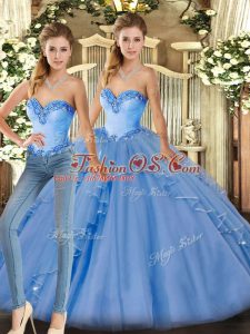 Baby Blue Two Pieces Beading and Ruffles Sweet 16 Dress Lace Up Organza Sleeveless Floor Length