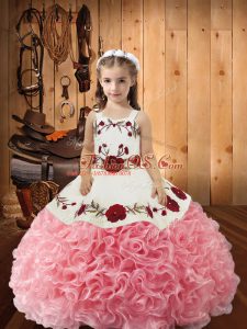 Dazzling Pink Little Girl Pageant Gowns Fabric With Rolling Flowers Sleeveless Embroidery and Ruffles