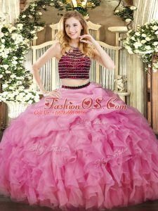Rose Pink Sleeveless Organza Zipper 15th Birthday Dress for Military Ball and Sweet 16 and Quinceanera