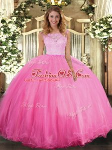 Sleeveless Tulle Floor Length Clasp Handle Sweet 16 Quinceanera Dress in Rose Pink with Lace