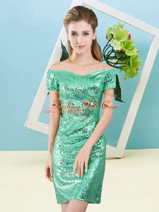 Off The Shoulder Short Sleeves Prom Evening Gown Mini Length Sequins Turquoise Sequined