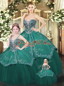 Sweetheart Sleeveless Ball Gown Prom Dress Floor Length Embroidery Dark Green Satin and Tulle