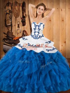 Blue And White Ball Gowns Satin and Organza Strapless Sleeveless Embroidery and Ruffles Floor Length Lace Up Sweet 16 Quinceanera Dress