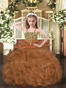 Straps Sleeveless Organza Pageant Dress Toddler Beading and Ruffles Lace Up