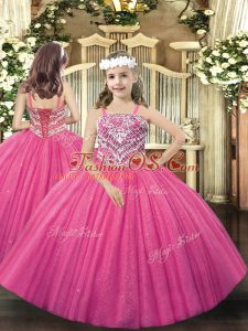 Hot Pink Straps Neckline Beading Kids Formal Wear Sleeveless Lace Up