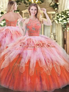 Multi-color Zipper Ball Gown Prom Dress Beading and Ruffles Sleeveless Floor Length
