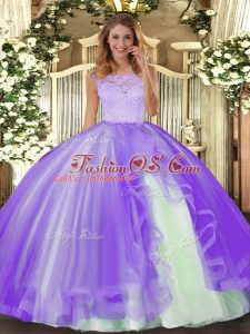 Lavender Tulle Clasp Handle Scoop Sleeveless Floor Length Sweet 16 Dress Lace and Ruffles