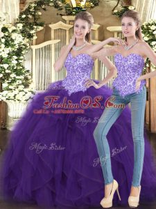 Fine Purple Tulle Lace Up 15th Birthday Dress Sleeveless Floor Length Beading and Ruffles