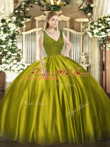 Olive Green Satin Backless V-neck Sleeveless Floor Length Ball Gown Prom Dress Beading and Lace