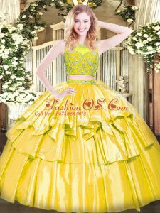 Scoop Sleeveless Zipper Quince Ball Gowns Yellow Tulle