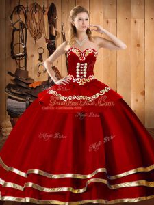 Latest Sleeveless Organza Floor Length Lace Up Quince Ball Gowns in Wine Red with Embroidery