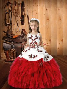 Beautiful Red Organza Lace Up Straps Sleeveless Floor Length High School Pageant Dress Embroidery and Ruffles