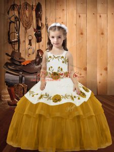 Graceful Gold Lace Up Little Girls Pageant Gowns Embroidery and Ruffled Layers Sleeveless Floor Length