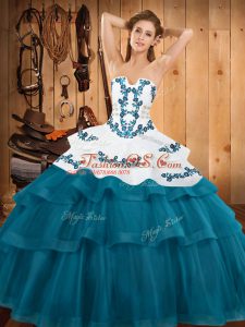 Super Embroidery and Ruffled Layers Sweet 16 Quinceanera Dress Teal Lace Up Sleeveless Sweep Train