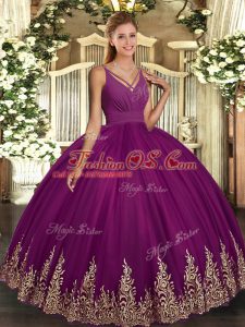 Adorable Purple Ball Gowns V-neck Sleeveless Tulle Floor Length Backless Beading and Appliques 15th Birthday Dress