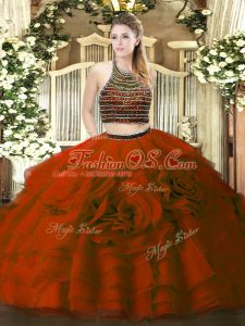 Floor Length Wine Red Quinceanera Gown Tulle Sleeveless Beading and Ruffled Layers