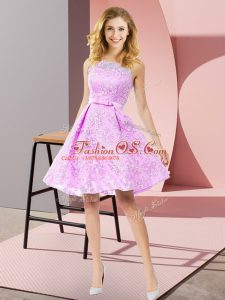 New Style Lilac Sleeveless Knee Length Bowknot Zipper Bridesmaid Dresses