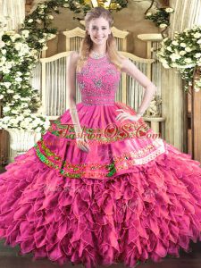Hot Pink Sleeveless Tulle Zipper Quince Ball Gowns for Military Ball and Sweet 16 and Quinceanera