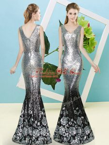 Modest Silver Sleeveless Sequined Zipper Dress for Prom for Prom and Party