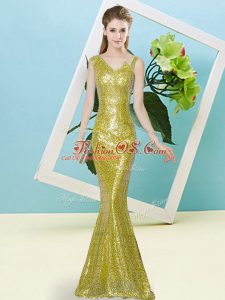 Yellow Mermaid Asymmetric Sleeveless Sequined Floor Length Zipper Sequins Prom Dresses