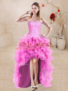High Low Lace Up Prom Evening Gown Rose Pink for Prom and Party with Beading and Ruffles