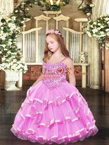 Rose Pink Ball Gowns Spaghetti Straps Sleeveless Organza Floor Length Lace Up Appliques and Ruffled Layers Kids Formal Wear