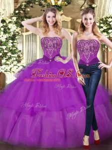 Stylish Eggplant Purple Ball Gowns Strapless Sleeveless Tulle Floor Length Lace Up Beading and Ruffled Layers Quinceanera Dresses