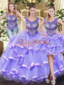 Comfortable Scoop Sleeveless Quince Ball Gowns Floor Length Beading and Ruffled Layers Lavender Tulle
