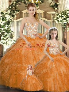 Orange Red Organza Lace Up Quince Ball Gowns Sleeveless Floor Length Beading and Ruffles